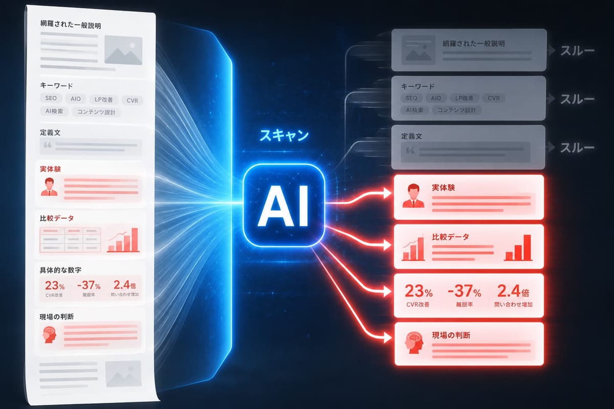 AIが記事をスキャンし、網羅された一般説明・キーワード・定義文は「スルー」、実体験・比較データ・具体的な数字（CVR改善23%など）・現場の判断を拾い上げる様子を示す図